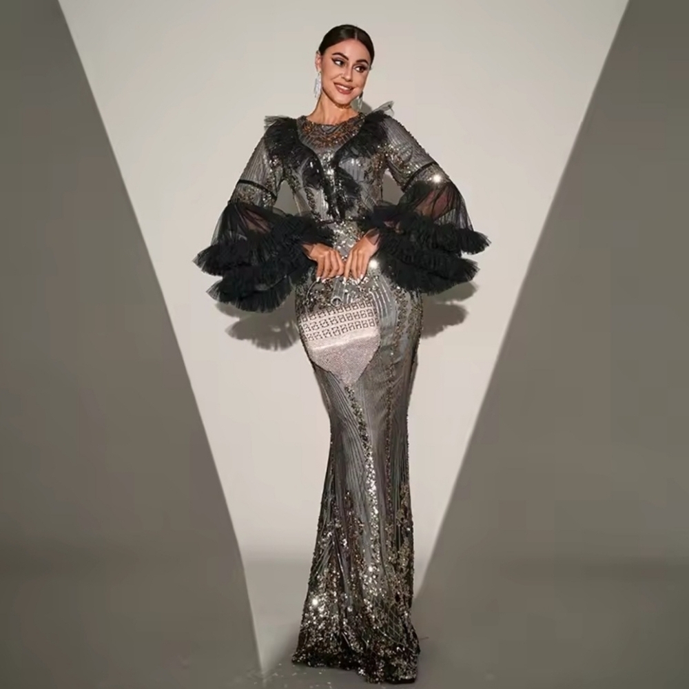 Silver Sequin Gown with V-Neck and Bishop Sleeves - Picture 10 of 15